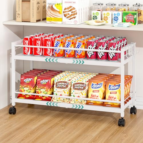 2 Pack 2-Tier Expandable Rolling Pantry Cart with Wheels, Adjustable Floor Organizer for Kitchen Pantry, Can Organizer for Pantry, Storage Cart for Snack, Food, Vegetables, White, Patent Pending - color: White, size: 2-Tier(2pack)