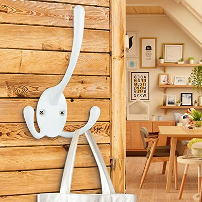 IBosins 6 Pack Big Heavy Duty Three Prongs Coat Hooks Wall Mounted with 12 Screws Retro Double Utility Rustic Hooks for Thick Coat, Big Heavy Bags (White) - color: White