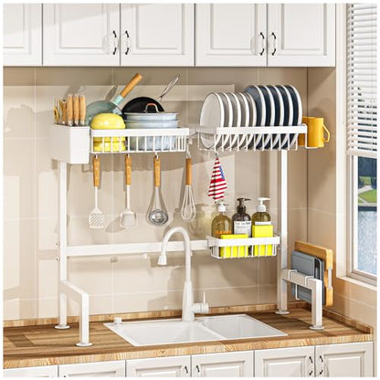 YKLSLH Over Sink Dish Rack - Extensible Large Drying Rack, Suitable for Most Sinks (26.57"-35"), Adjustable Metal Rack, Space Saving, White - color: White, size: 2 tiers 3 baskets