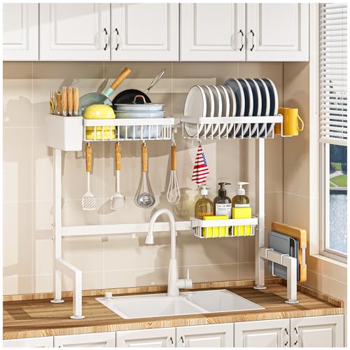 YKLSLH Over Sink Dish Rack - Extensible Large Drying Rack, Suitable for Most Sinks (26.57"-35"), Adjustable Metal Rack, Space Saving, White - color: White, size: 2 tiers 3 baskets