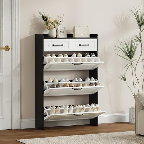 Vibe & Dine Shoe Cabinet with 3 Large Flip Drawers & 2 Storage Drawers, Narrow Shoe Organizer Cabinet Fits for Kinds of Shoes, Slim Shoe Storage Cabinet for Entryway, Hallway, Bedroom, Black - color: Black and White, size: Large