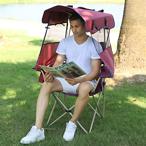 Beach Chair with Canopy Shade - Outdoor Folding Chair with Full Sun Protection Canopy - Ideal for Camping, Lawn, Sports, Picnic & Beach - Comfortable & Convenient Design (Maroon) - color: Maroon