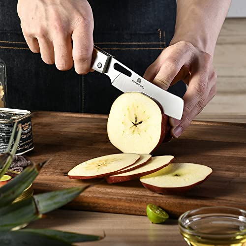 ZhengSheng Folding Chef Knife with Nylon Pouch 4.8” Ultra Sharp 440A Stainless Steel Blade Natural Olive Handle Pocket Foldable Japanese Style Kitchen Knife for Outdoor Camping BBQ trip Cooking. - color: #4 Natural Olive Handle - Black Nylon Pouch