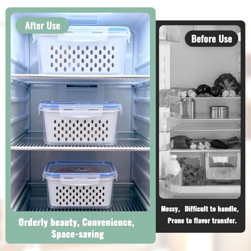 3 PCS Fruit Storage Containers for Fridge Food Berry Storage Container Set with Removable Strainer Lid Berries Container for Fridge BPA-Free Plastic Crisper for Long-Term Freshness
