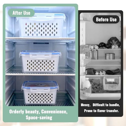 3 PCS Fruit Storage Containers for Fridge Food Berry Storage Container Set with Removable Strainer Lid Berries Container for Fridge BPA-Free Plastic Crisper for Long-Term Freshness
