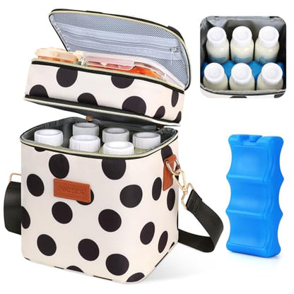 PIIOSER Breastmilk Cooler Bag with Ice Pack, Fits 6 Baby Bottles Up to 9 Oz, Stylish Baby Cooler Travel Bags with Shoulder Strap, Double Layer & Leakproof for Nursing & Working Moms, Black Polka Dots - color: Black Polka Dots