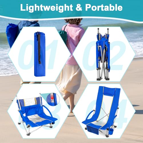 Romswi Compact High Back Beach Chair, Lightweight Low Seat Travel Chair, Beach Chair Fits in Suitcase, 300lbs Heavy Duty Folding Camping Chair with Cup Holder & Pocket, Blue - color: Blue - High Back
