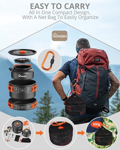 HOMGEN Portable Ultralight Anodized Aluminum Camping Cookware Set - Nesting Camping Pot and Pan-800ml Insulated Teapot-Carrying Bag-for Camping Hiking Picnic RV Trip - size: For 2 People