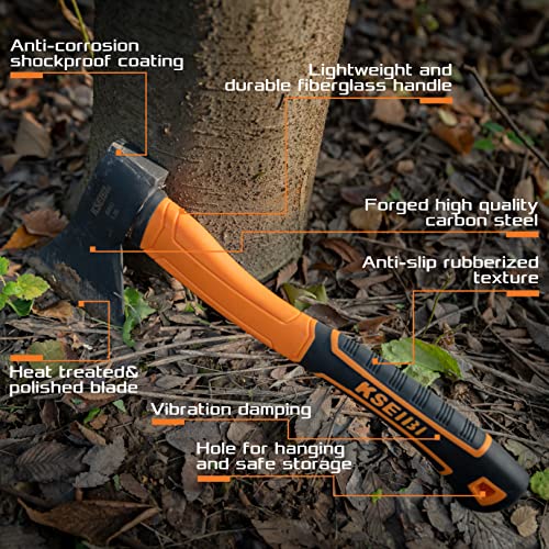 KSEIBI Wood Axe, Small Outdoor Camp Hatchet for Splitting and Kindling Wood, Forged Steel Blade with Anti-Slip and Shock Reduction Handle Great Throwing Axes and Hatchets (Modern) - style: Modern Orange