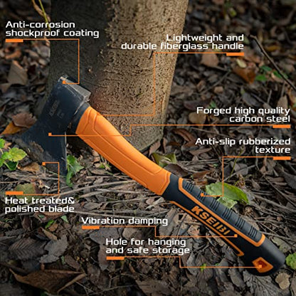 KSEIBI Wood Axe, Small Outdoor Camp Hatchet for Splitting and Kindling Wood, Forged Steel Blade with Anti-Slip and Shock Reduction Handle Great Throwing Axes and Hatchets (Modern) - style: Modern Orange