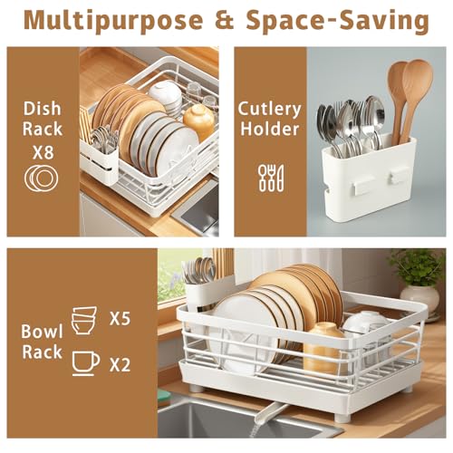 Dish Drying Rack for Kitchen Counter, Stainless Steel Sink Organization and Storage Essentials with Cutlery Holder, 9.05''W x 15.35''L, Stainless Steel Dish Strainer with Utensil Holder