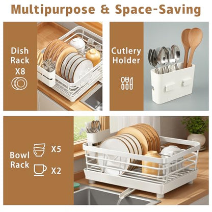 Dish Drying Rack for Kitchen Counter, Stainless Steel Sink Organization and Storage Essentials with Cutlery Holder, 9.05''W x 15.35''L, Stainless Steel Dish Strainer with Utensil Holder