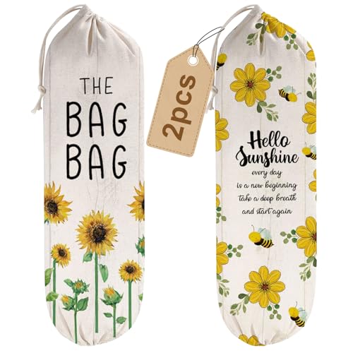 2Pcs Sunflower Plastic Bag Holder for Kitchen Essentials, Reusable Hanging Grocery Bag Organizer, Sunflower Gifts for Women, Washable Large Grocery Trash Bags Storage Dispenser - style: Sunflower