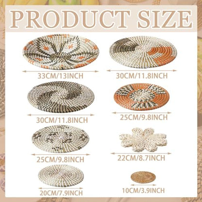 11 Pcs Boho Hanging Wall Basket Decor Handmade Woven Basket Wall Decorative Boho Wicker Baskets Placemats Round Farmhouse Bulrush Art for Rustic Home Decorations Christmas Gift(Cute) - style: Cute