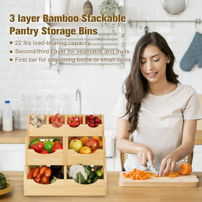 3-Tier Bamboo Storage Bins, Modular Potato & Onion w/ Spices | 4-pc bamboo set: 1 spice tray, 3 veggie baskets. Ventilated. Great for counters, bathrooms, living rooms.
