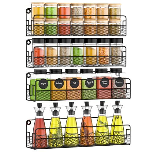 Wall Mounted Spice Rack Organizer, Pantry Door Organizer & Hanging Storage Baskets, Metal Spice Shelf for Kitchen Cabinet, 2 Depth Sizes Hold Large Jars to Nail Polish Bottles, 4 Pack - size: 4 Tier