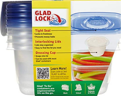 Glad GladWare To Go Snack Food Storage Containers with Lids, Medium Rectangle No BPA Plastic with Built-In Dressing Cup for Salads and Snacks, Microwave Dishwasher Safe, 24 Oz, 4 Count - size: 4 Count (Pack of 1), style: Rectangle