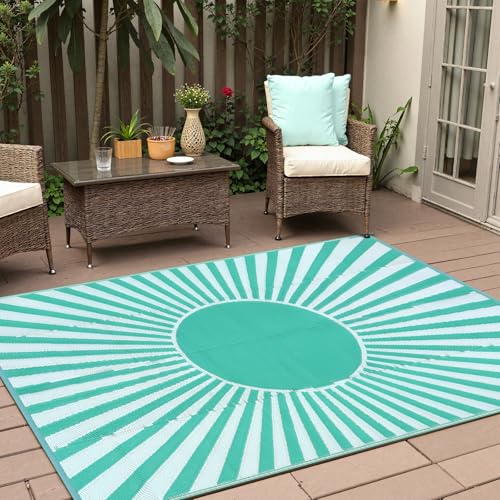 Anidaroel Outdoor Area Rug for Patio Clearance 5x8ft Waterproof, Reversible Plastic Straw Rug Outside Rug, Outdoor RV Mat for Camping, Porch, Balcony, Pool Deck, Backyard(Green,5‘x8') - color: Teal Sun, size: 5' x 8' (Rectangular)