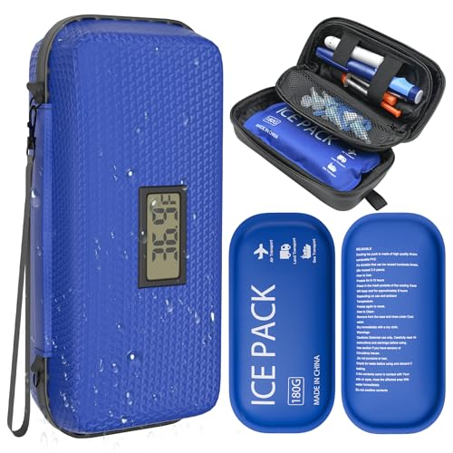 Insulin Cooler Travel Case TSA Approved Diabetic Medicine Cooling Bag with Digital Temperature Display, 2 Ice Pack - color: Blue