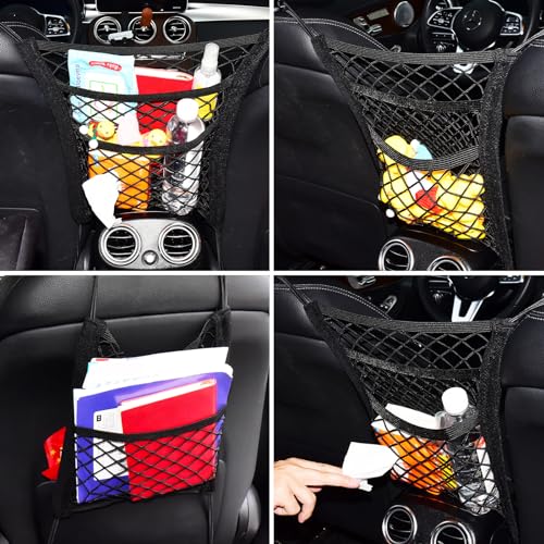 3-Layer Car Mesh Organizer Between Front Seats, 11.8 x 10.6 Inch Car Net Kid Pet Dog Net Barrier with Elastic Storage Pockets for Purses, Tissues, Fits SUV and Van - size: 11.8 x 10.6 Inch