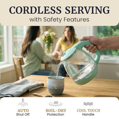 Elite Gourmet 1L Glass Electric Water Kettle, BPA-Free, Fast Boil, Auto Shut-Off, Boil-dry Protection, 360° Swivel Base with Cordless Serving, Clear-view Water Level Markings, Mint - size: 1.1 Quarts