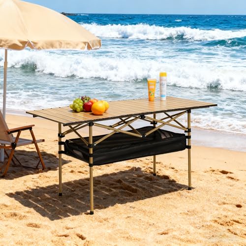 Outdoor Folding Table, Built-in Storage & Carry Bag | Ultralight 7.93LBS, 225LBS Heavy Duty, Aluminum Top, Carbon Steel Frame, for Camping, Picnic, Beach, BBQ - color: Yellow