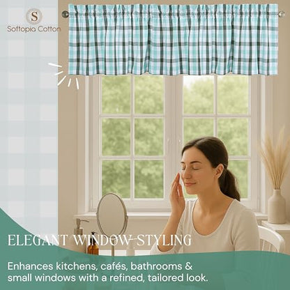 Gingham Valance Curtains, 2 Pack, 54x18 Inches, 100% Cotton Farmhouse Window Valances, Rod Pocket Curtain for Kitchen, Bedroom, Bathroom, Living Room, Mint Green - Aqua Green - White - color: Multi Green - Gingham, size: 18"W x 54"L (Pack of 2)