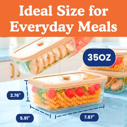 Ziruma Non-Toxic Glass Food Containers with Lids, 4-Pack, 35 oz, Beige | Plastic & BPA free. Glass body, glass lid & platinum silicone seal. Airtight & leakproof. Freezer & microwave safe. - size: 35 Oz