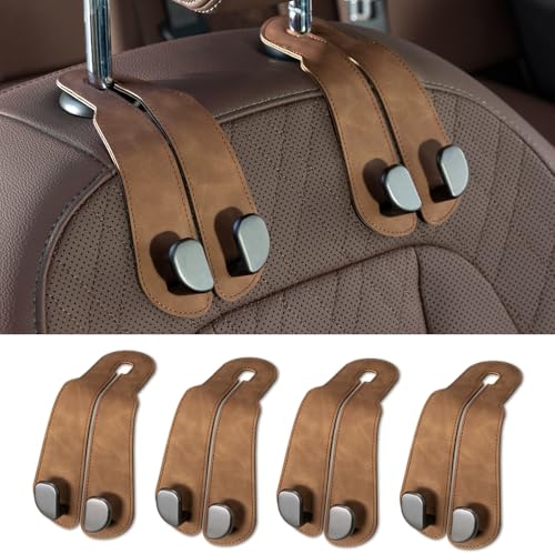 CoBak Purse Hook for Car - Universal Premium Stitched Leather and Aluminum-Magnesium Alloy Double Car Seat Back Storage Hook for Purses, Handbags, Bags (4 Pack),Brown - color: 4pack-Brown, size: 2-Hooks