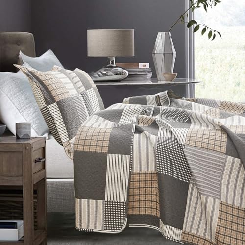 Plaid Quilt Set - Queen Size Bedspread & Coverlet - Brown White Plaid - Lightweight & Reversible - Soft Microfibers - All Season - color: Brown Plaid Patchwork, size: Full/Queen