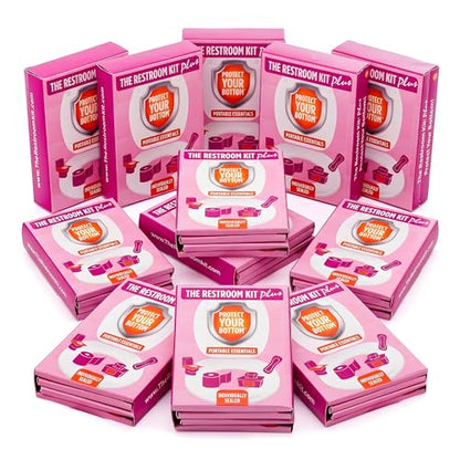 The Restroom Kit Plus: All-in-One Hygiene Travel Kit for Women, 12-Pack with Panty Liner, Patented Seat Cover, 3-Ply Toilet Paper, and Wipes - color: Pink, size: 12 Count (Pack of 1)