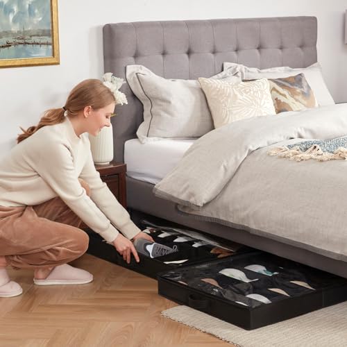 Lifewit Under Bed Shoe Storage Organizer 1 Pack(12 Shoes Cells+4 Boots Cells), 4.3 Inches Profile Fabric Shoes Container Box with Clear Cover, Foldable Storage Bag with 2 Handles, Fits 10 to 16 Pairs - style: 12 Shoes Cells+4 Boots Cells