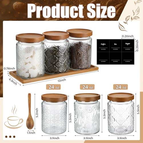 3 Pack 24 oz Glass Coffee Container with Wooden Tray Lid Spoon Labels Clear Airtight Glass Jar Food Storage Kitchen Canisters Set Decorative Coffee Bar Containers for Sugar Candy Tea Flour - size: 24 oz