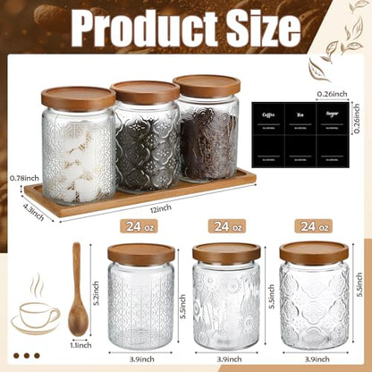 3 Pack 24 oz Glass Coffee Container with Wooden Tray Lid Spoon Labels Clear Airtight Glass Jar Food Storage Kitchen Canisters Set Decorative Coffee Bar Containers for Sugar Candy Tea Flour - size: 24 oz