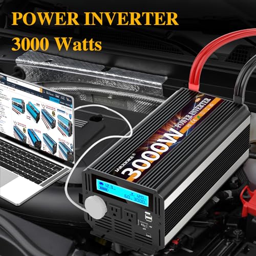 3000W Power Inverter 12V DC to AC 110V/120V (Peak) 6000W Converter 3 sockets car Inverter with Remote Control and LED Display 3.4A USB Port - size: 12v-3000W