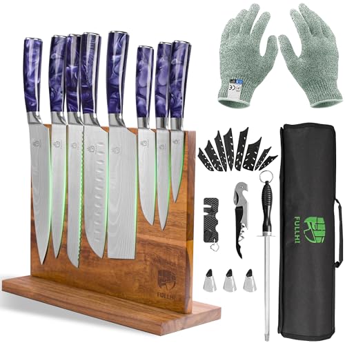 FULLHI Knife Set with Magnetic Knife Block Holder,15pcs Japanese Knives Set, German Stainless Steel chef Knife Set - color: Purple, size: 15 Piece Magnetic Block Knife Set