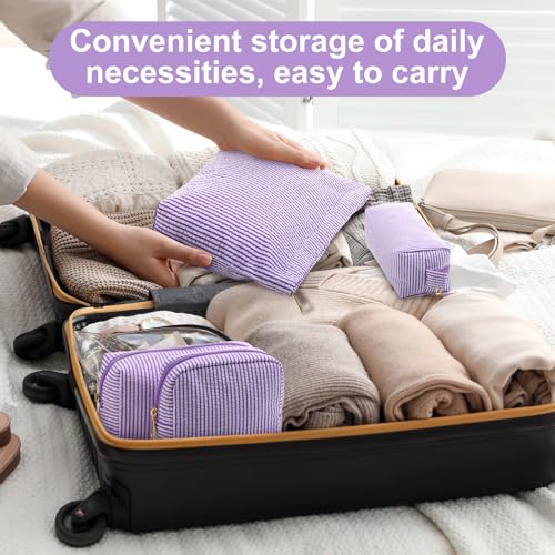 Sanwuta 4 Pcs Seersucker Pouch Cosmetic Bag Set Seersucker Makeup Bag Women Stripe Large Travel Toiletry Organizer Aesthetic Preppy Storage for Embroidery Women Bridesmaid Gifts(Purple) - color: Purple