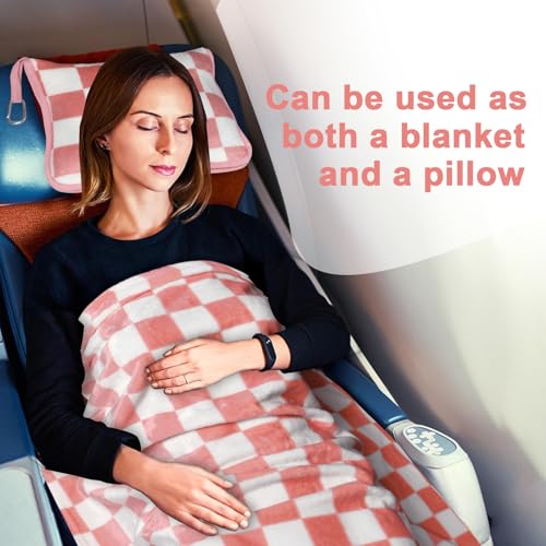 Travel Blanket and Pillow Compact, Premium Soft 2 in 1 Airplane Blanket with Soft Bag Pillowcase，Hand Luggage Sleeve and Backpack Clip (Ckeckered Pink) - color: Checkered Pink