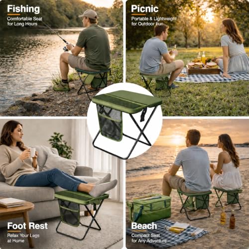 Foldable Stool with Carrying Bag,Compact Folding Chair with Shoulder Strap, Lightweight Outdoor Seat for Fishing, Camping, Hiking, Garden, Beach, Sports Games, Festivals (Green) - color: Green