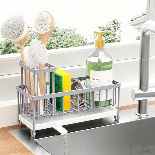Cisily Sponge Holder for Kitchen Sink, Sink Caddy Organizer with High Brush Holder, Kitchen Countertop Organizers and Storage Essentials, Rustproof 304 Stainless Steel (Gray, 9.25″) - color: Gray - 9.25″
