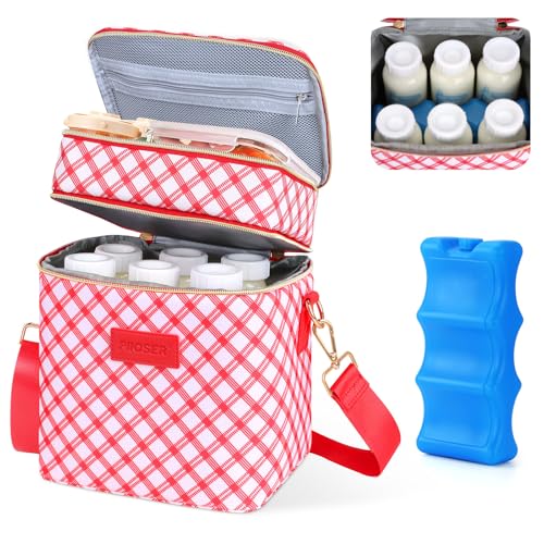 PIIOSER Breastmilk Cooler Bag with Ice Pack, Fits 6 Baby Bottles Up to 9 Oz, Stylish Baby Cooler Travel Bags with Shoulder Strap, Double Deck & Leakproof for Nursing & Working Mom-Red & White Striped - color: Red & White