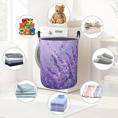 Purple Lavender Round Laundry Basket Collapsible Laundry Hamper with Handles Toys Clothes Organizer Bin For Home Bathroom Bedroom Dorm Nursery - color: Purple Lavender