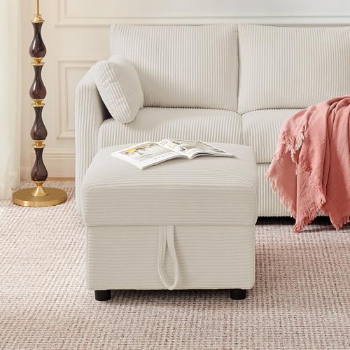 Corduroy Storage Ottoman for Living Room Sofas Couches, Square Ottoman with Storage Space Foot Rest Stool for Apartment, Dorm, Entryway, Cream White - color: Ottoman & Beige 23.6"