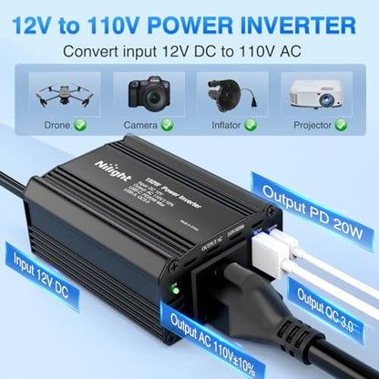 Nilight 150W Power Inverter 12V DC to 110V AC Car Converter with PD 30W USB C & QC3.0 for Phones Tablets Laptop Computer Game Console Kindle iPad DVD Players Black - color: 150W USB+PD 110V Outlet