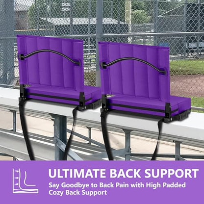 Stadium Seat for Bleachers with Back Support, Portable Bleacher Seat with Wide Comfy Padded Cushion, Metal Hook, Folding Stadium Chair with Shoulder Strap, Carry Handle, Cup Holder, Purple - color: Purple