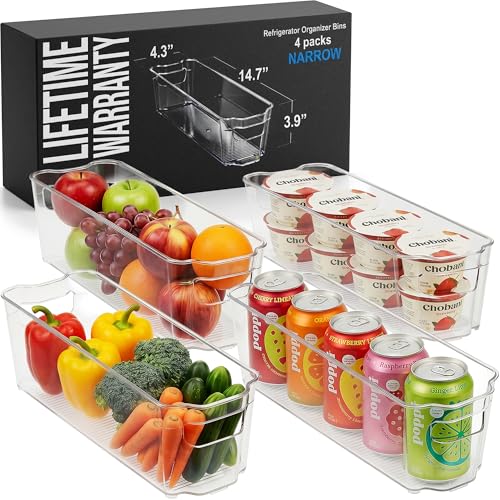 Zulay 4 Pack Clear Refrigerator Organizer Bins - Narrow Fridge Organizers and Storage Clear - Ideal Freezer Organizer Bins, Refrigerator Storage Containers, Kitchen Cabinets, Pantry Organization - size: L 14.75" x W 4.375"