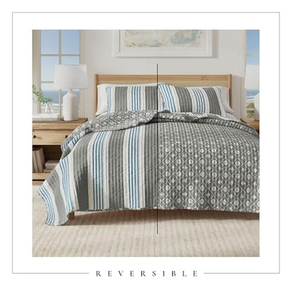 Great Bay Home Coastal Quilt Set - 3-Piece Full/Queen Size Stripe Bedding Set - Lightweight, All-Season, Reversible Bedspread (Coastal Stripe) - color: Coastal Stripe, size: Full / Queen