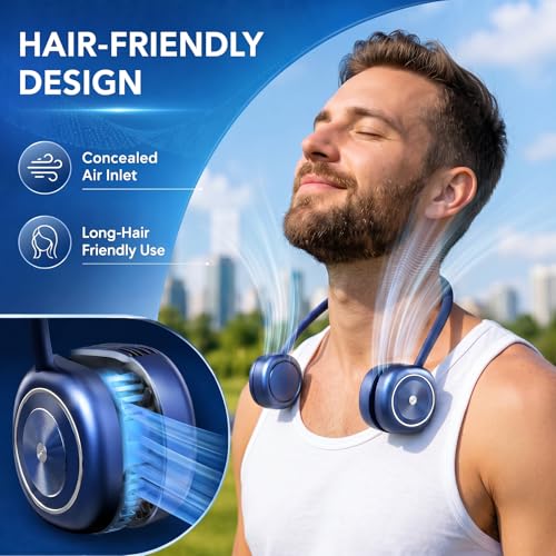 Foldable Neck Fan, Portable Neck Fan Rechargeable, Bladeless Quiet 360° Adjustable Personal Fan, 3 Speeds Hands Free Wearable Fan for Travel, Walking, Camping, Office, Navy Blue - color: F08