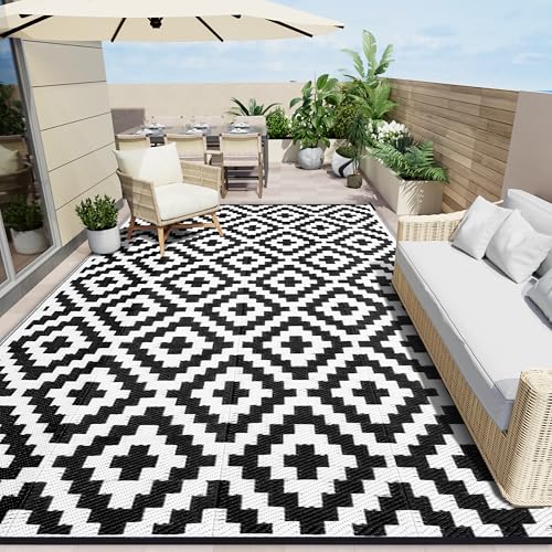 OLANLY Waterproof Outdoor Rug 8x10 ft, Outdoor Plastic Straw Rug for Camping, RV Mat Outside, Indoor Outdoor Carpet for Porch, Deck, Backyard, Balcony, Picnic, Black & White - color: Black & White, size: 8' X 10' (Rectangular)