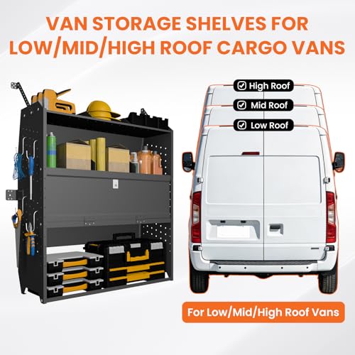 Adjustable Cargo Van Shelving with Lockable Door and Hooks, Heavy Duty Steel Storage 42" W x 46" H x 13" D, Fits Transit, ProMaster, Chevy Express, GMC Savana, Sprinter, Low/Mid/High Roof - size: 42" W x 46" H x 13" D